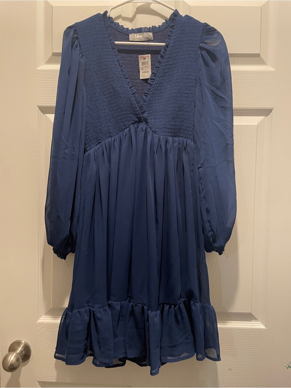 Blue Life Navy Smocked V-Neck Tiered Long-Sleeve Dress